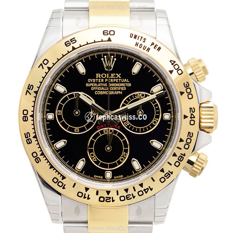 Glamorous Rolex Daytona 116503-0004 Replica, Automatic Movement, Black Dial, 18kt Gold Case & Strap