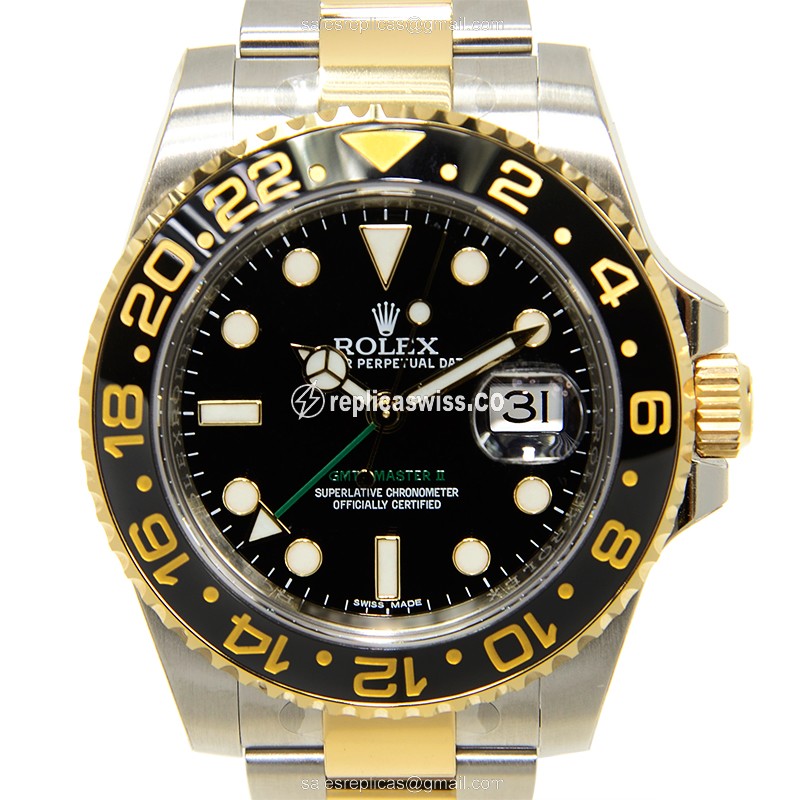 Glamorous Rolex GMT-MASTER II Replica in 18kt Gold & Steel, Automatic Movement & Black Dial Watch
