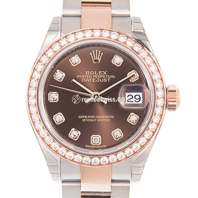 Glamorous Rolex Lady Datejust Replica, Automatic Movement, 18kt Brown Diamond Bezel & Gold Link