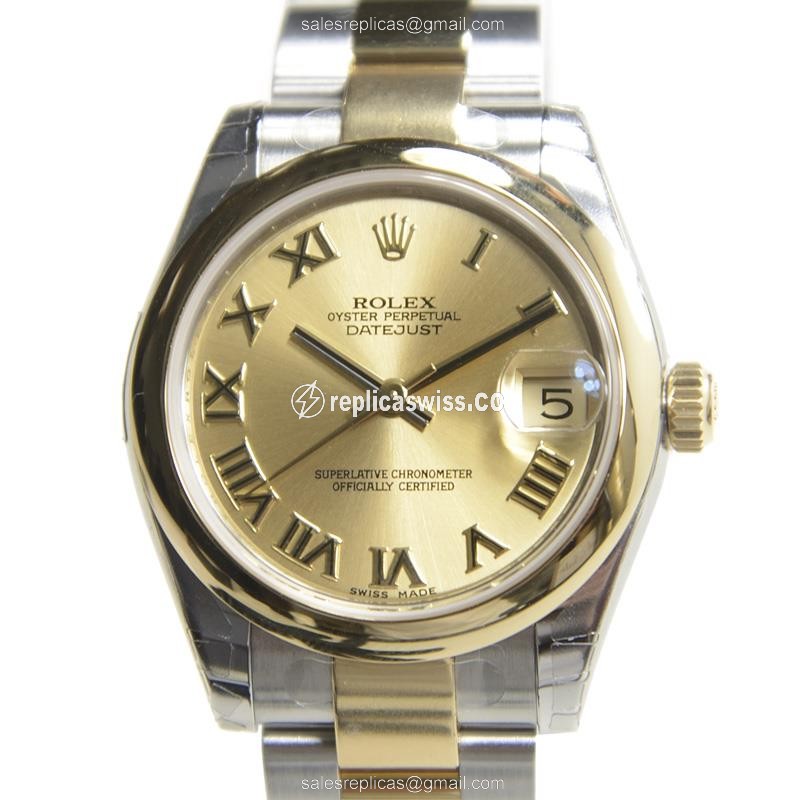 Glamorous Rolex Lady Datejust Replica, Automatic Movement, Luminous Gold Dial Watch