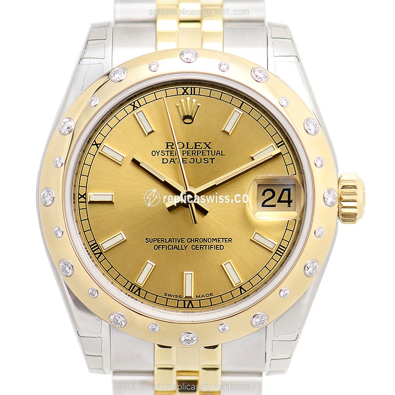 Glamorous Rolex Lady Datejust Replica in 18kt Gold & Steel, Automatic Movement & Silver Bracelet