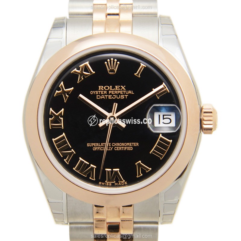 Glamorous Rolex Lady Datejust Replica in Black, 18kt Steel & Silver Bracelet | Automatic Movement