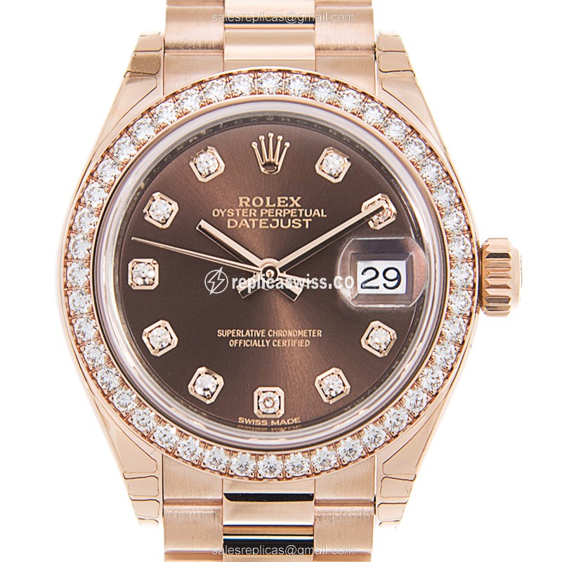 Glamourous Brown Dial Lady Datejust Replica by Rolex, Automatic Movement, 18kt Gold & Diamond Case