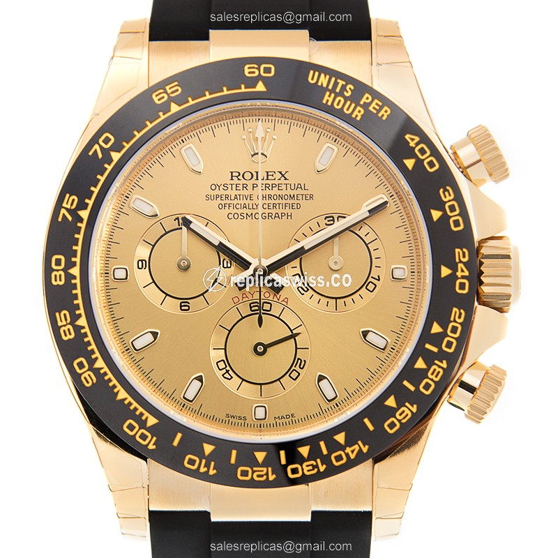 Glamourous Gold Rolex Daytona Replica with Automatic Movement & Black Rubber Strap Watch