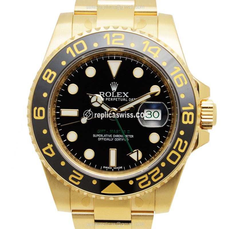 Glamourous Rolex GMT-MASTER II Replica in 18kt Yellow Gold, Automatic Movement, Black Dial Watch