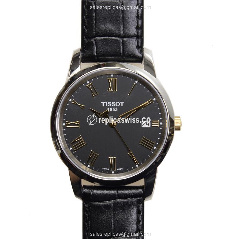 Glamourous Tissot T-Classic Black Dial Steel Case Quartz Watch, Elegant Leather Strap
