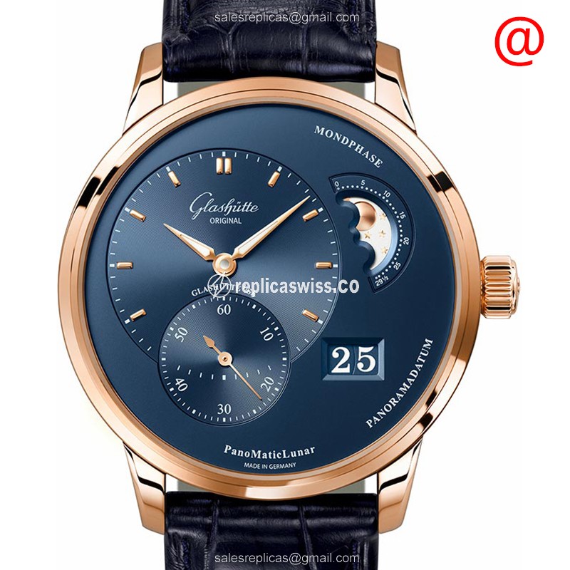 Glashutte PANO Automatic Replica, 18kt Gold Case, Blue Dial & Alligator Strap Watch