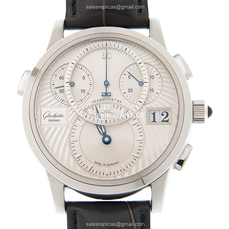 Glashutte PANO Automatic Replica in 950 Platinum Case with Silver Dial & Black Alligator Strap Watch