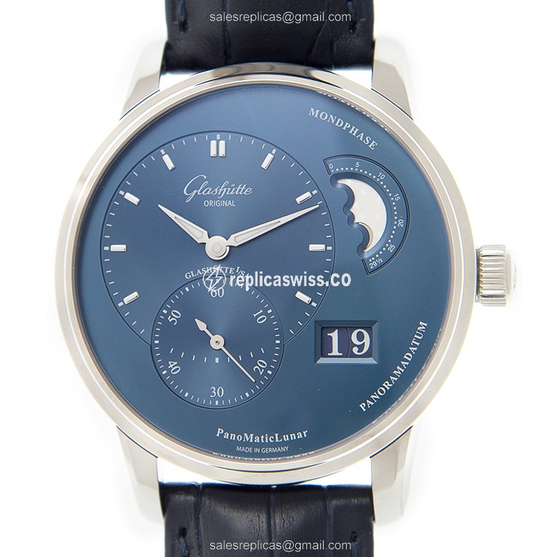 Glashutte PANO Automatic Steel Case Blue Dial, Alligator Blue Strap Sapphire Crystal Watch