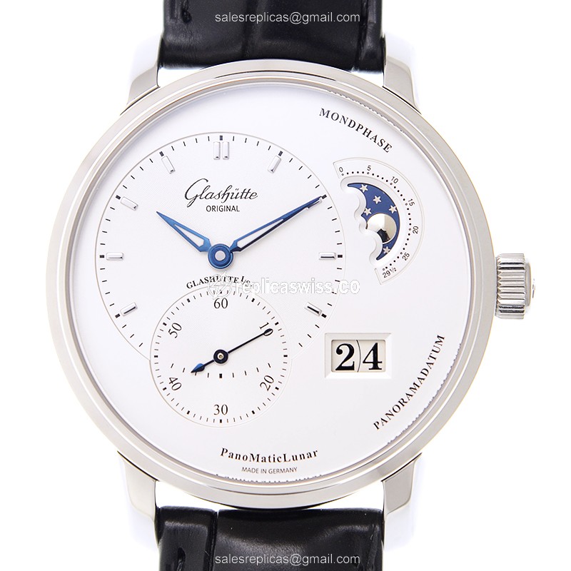 Glashutte PANO Automatic Steel Case with Silver Dial & Alligator Strap Watch