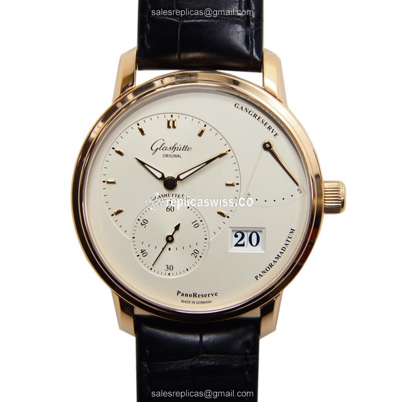 Glashutte PANO Manual Wind 18kt Rose Gold Replica, Silver Dial, Alligator Strap Watch