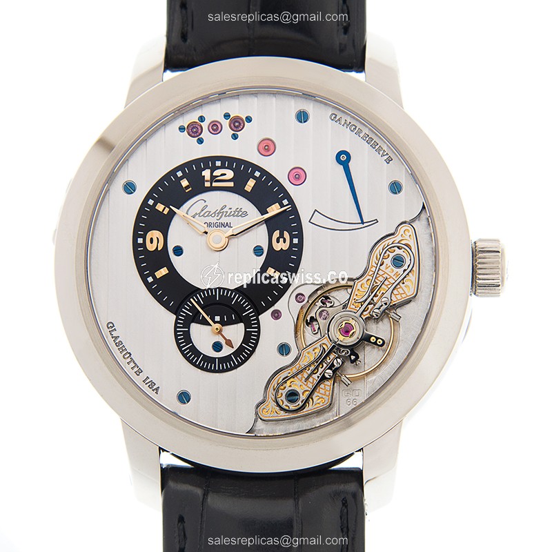 Glashutte PANO Manual Wind Replica in 18kt Gold, Silver Dial & Alligator Strap Watch