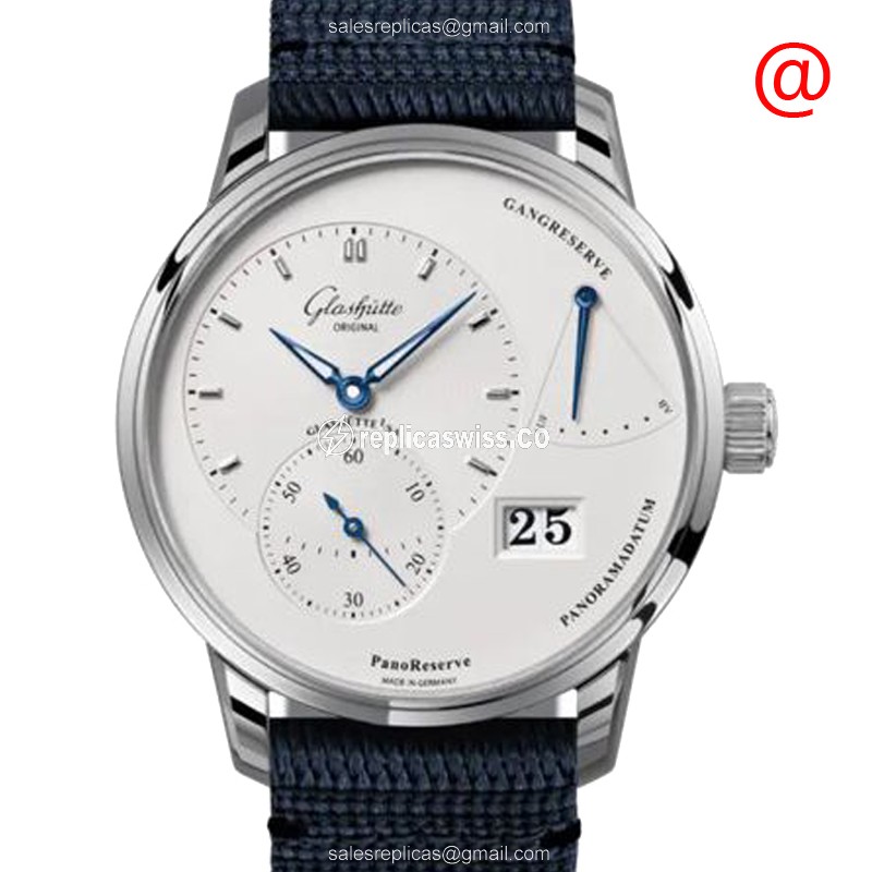 Glashutte PANO Manual Wind Replica Watch | Silver Dial, Blue Nylon Strap