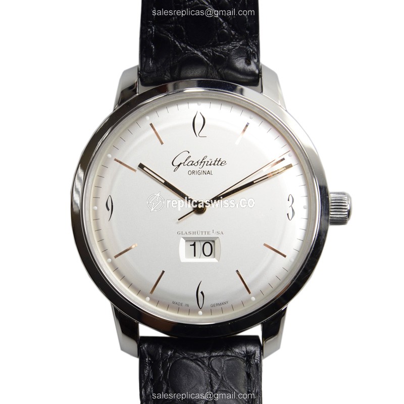 Glashutte Senator Panorama Date Replica | Automatic Movement, Silver Dial, Alligator Strap Watch