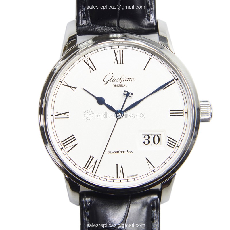 Glashutte Senator Panorama Date Replica, Automatic Movement, White Dial, Alligator Strap Watch