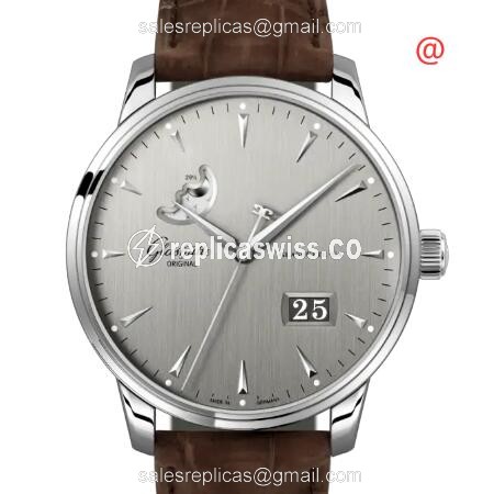 Glashutte Senator Skeletonized Automatic Steel Watch with Gray Dial & Brown Alligator Strap