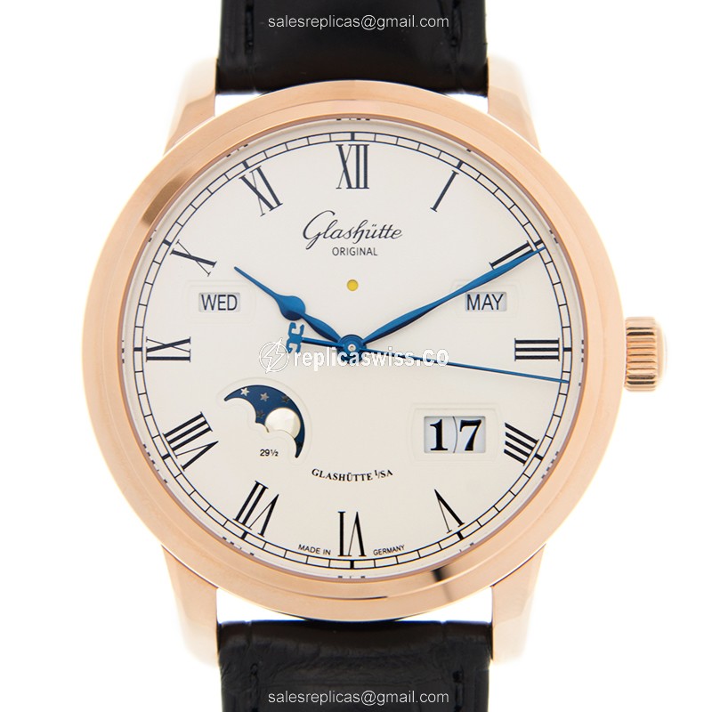 Glashutte Senator Skeletonized Replica, Automatic Movement, 18kt Rose Gold Case, Silver Dial Watch