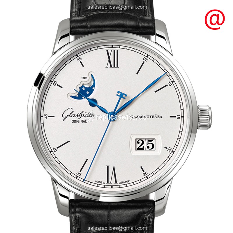 Glashutte Senator Skeletonized Replica | Automatic Movement | Silver Dial & Black Alligator Strap