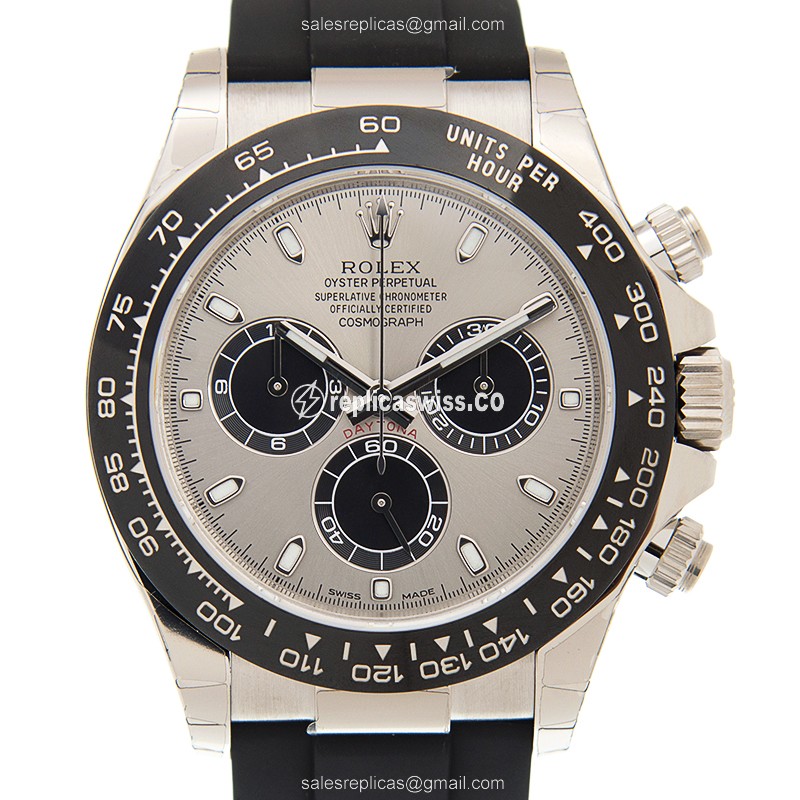 Gray Dial Rolex Daytona Automatic Gold Case Replica | Black Rubber Strap Watch