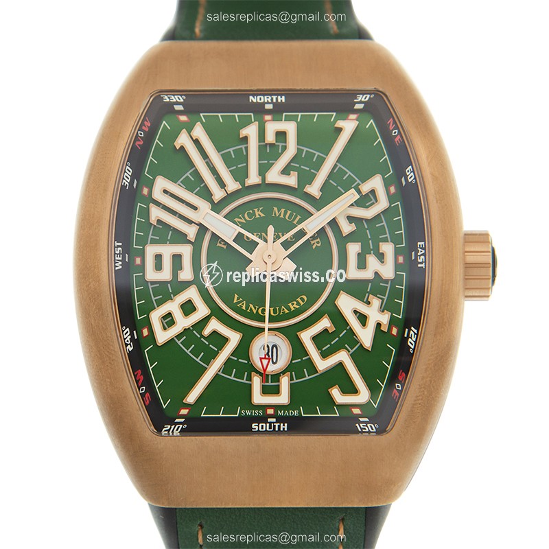 Green dial Brass Franck Muller V 45 SC DT CIR replica watch, Automatic movement Leather strap