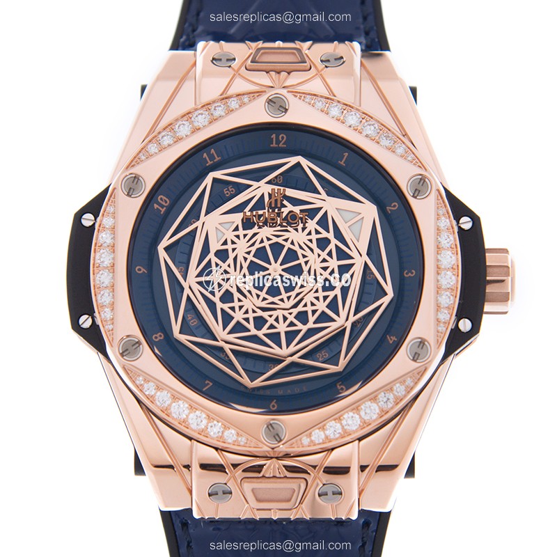 Hublot BIG BANG 465.OS.7189.VR.1204.MXM19 Replica in 18kt Rose Gold with Blue Dial Leather