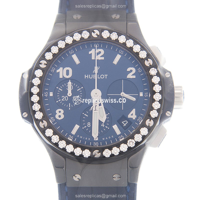 Hublot BIG BANG Automatic Replica | Blue Dial & Diamond Case, Alligator strap Watch