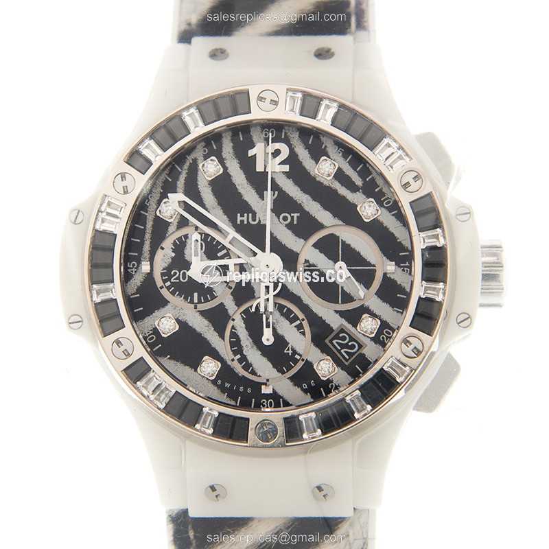 Hublot Big Bang Automatic Replica in White Ceramic with Diamond Accents & White Cowhide Strap Watch