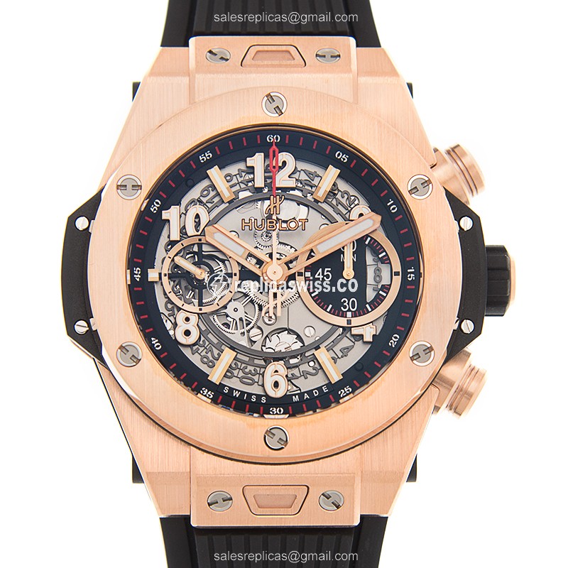 Hublot BIG BANG Replica in 18kt Rose Gold, Automatic Movement, Black Dial & Rubber Strap Watch