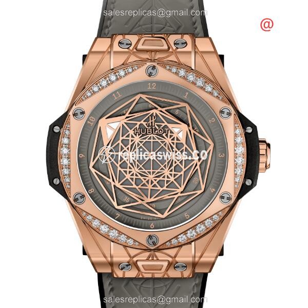 Hublot BIG BANG Replica in 18kt Rose Gold, Automatic Movement, Gray Dial with Alligator Strap