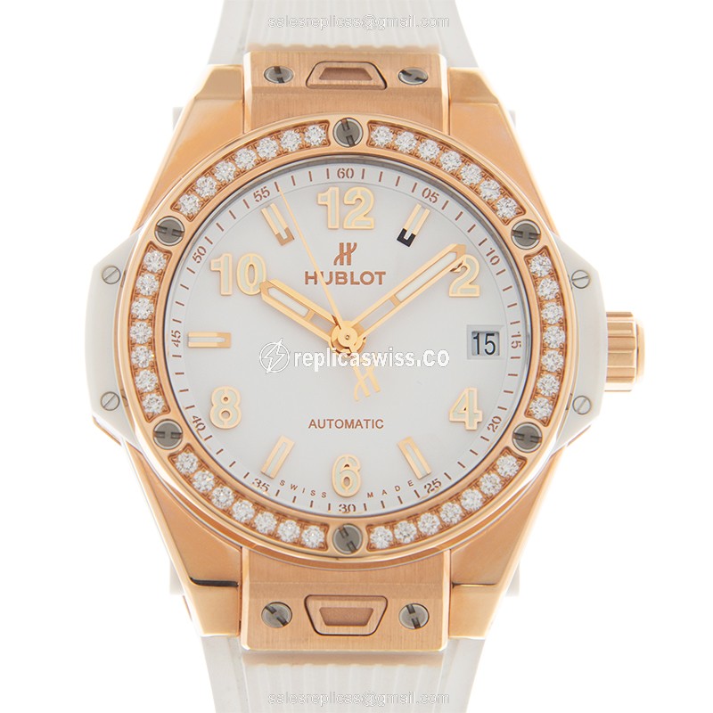 Hublot BIG BANG Replica in 18kt Rose Gold, Automatic Movement & White Dial, Ruby Crystal Case Watch