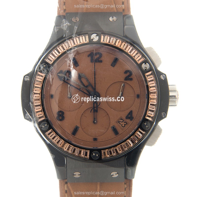 Hublot BIG BANG Replica in Ceramic with Automatic Movement & Brown Leather Strap Watch