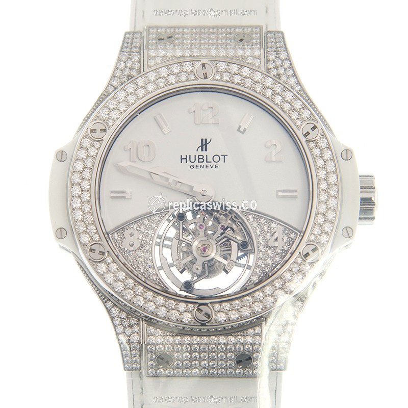Hublot BIG BANG Replica in Stainless Steel & White Diamond Accents, Manual Wind, Alligator strap