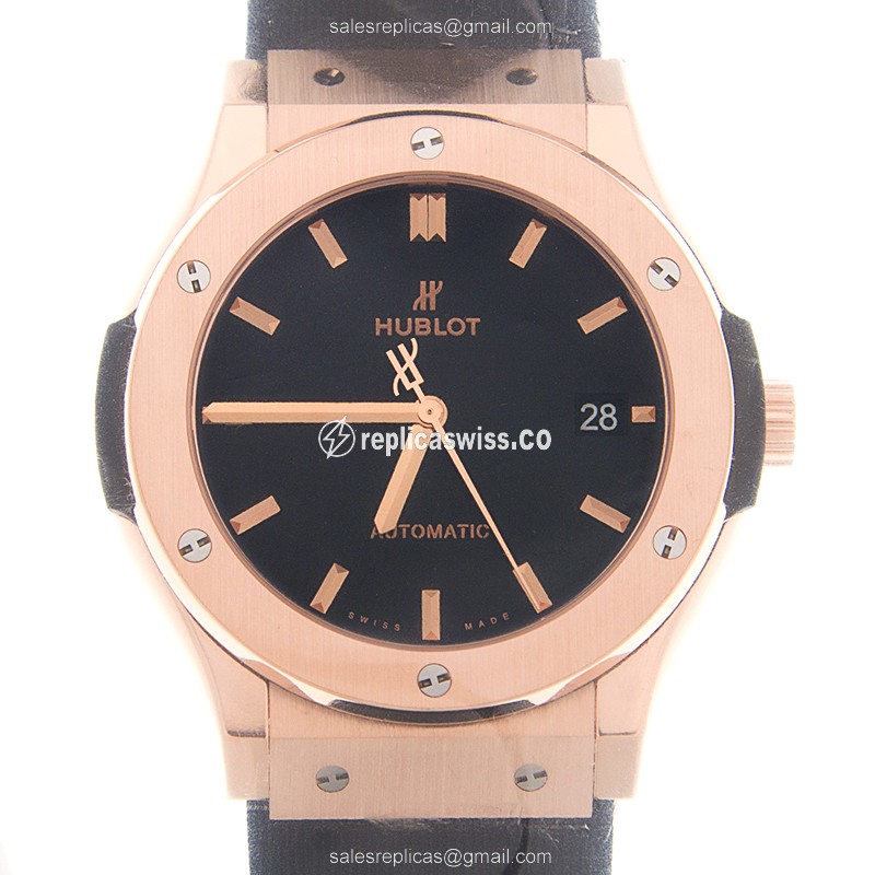 Hublot Classic Fusion 511.OX.1181.RX Automatic Gold Replica, Black Dial Leather Strap Watch