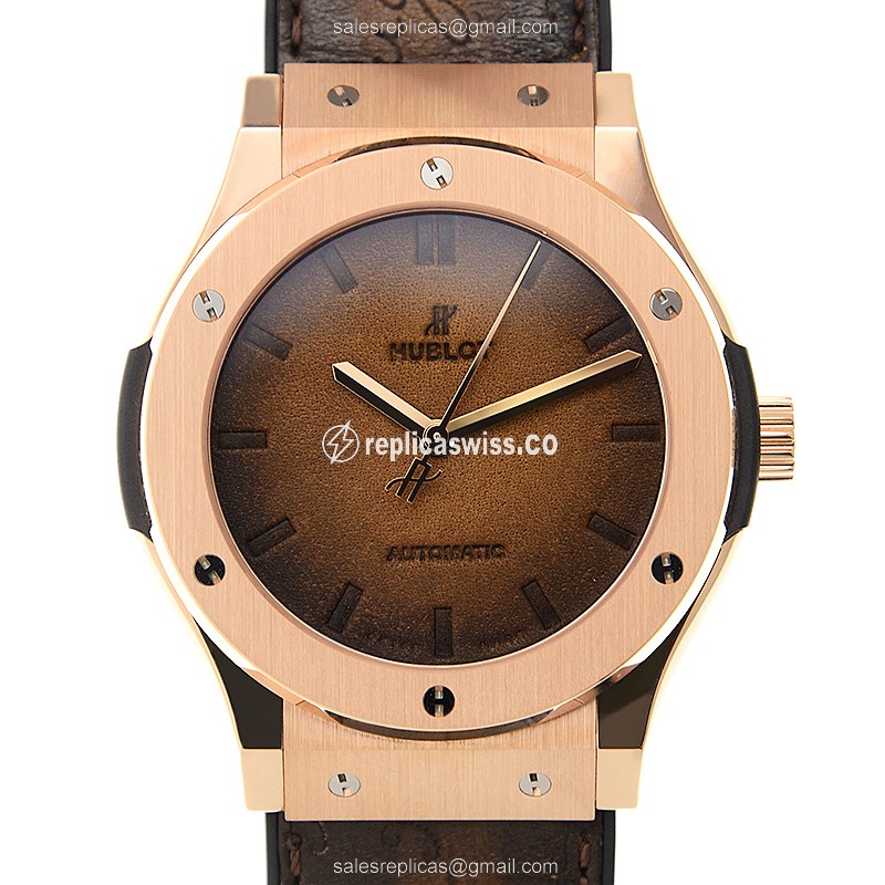 Hublot Classic Fusion Replica in 18kt Gold, Automatic Movement & Brown Dial, Rubber Strap Watch