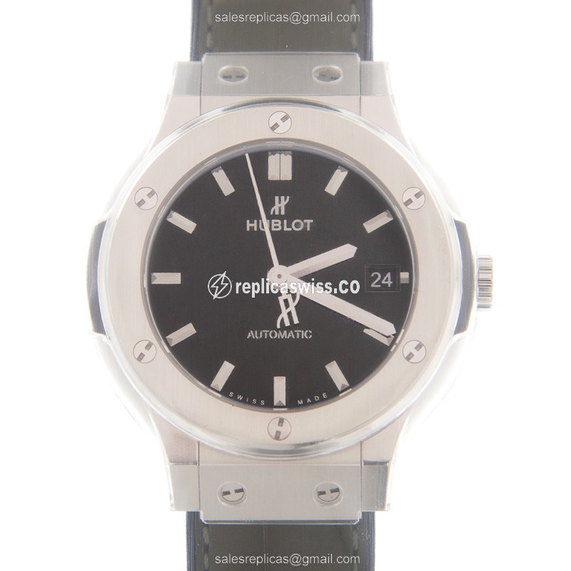 Hublot Classic Fusion Replica in Black Dial & Stainless Steel, Automatic Movement & Green Leather