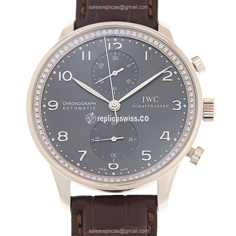 IWC IW371473 Portuguese Replica in 18kt White Gold with Gray Dial & Diamond Bezels Watch
