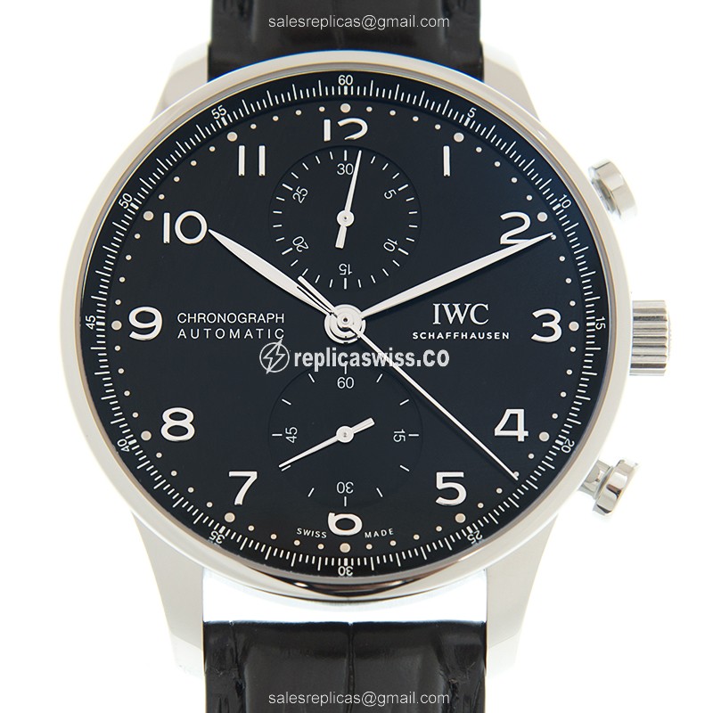 IWC IW371609 Portuguese Replica in Stainless Steel with Black Dial Alligator Strap Watch