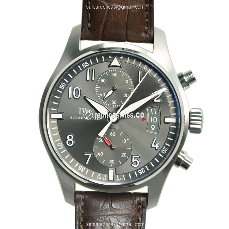 IWC IW387802 PILOTS Replica Watch | Automatic Movement | Dark Grey Dial | Brown Alligator Strap