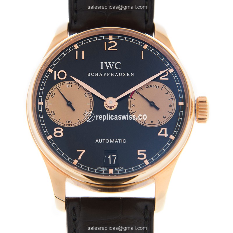 IWC IW500121 Portuguese Replica Watch | Automatic | 18kt Gold Case, Black Leather Strap
