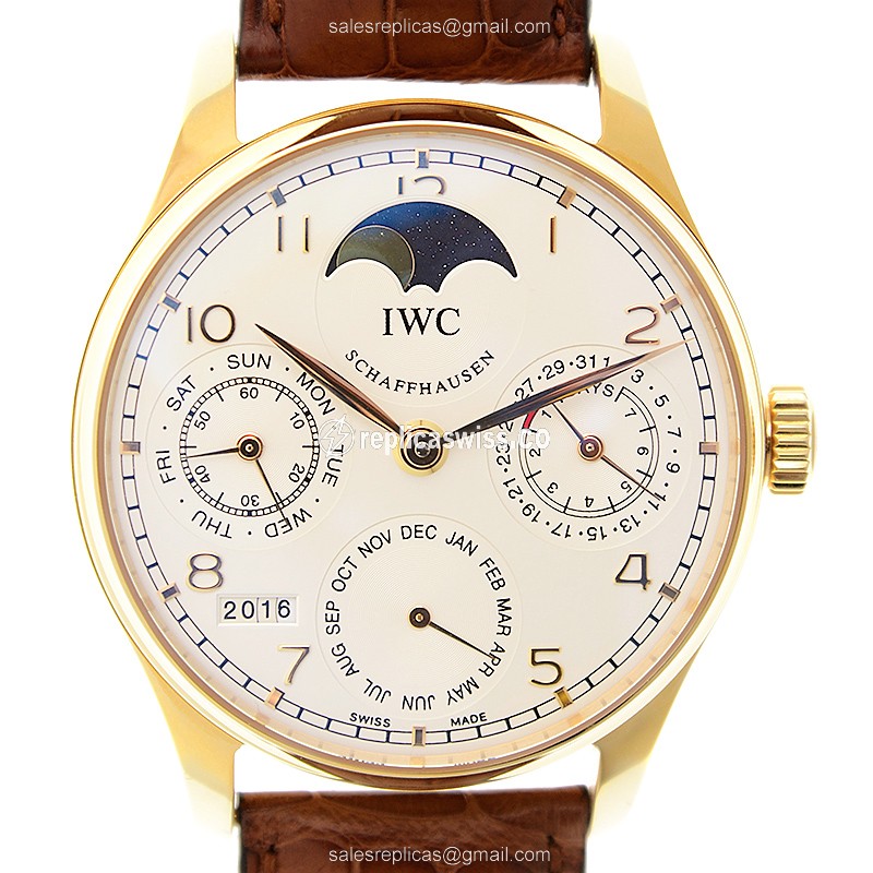 IWC IW502213 Portuguese Replica, Manual Wind, 18kt Rose Gold Case, White Dial, Brown Alligator