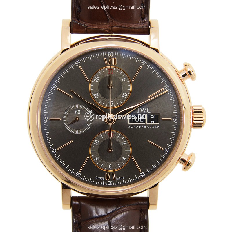 IWC PORTOFINO Automatic 18kt Gold Dark Grey Dial Alligator Brown Buckle Crystal Watch