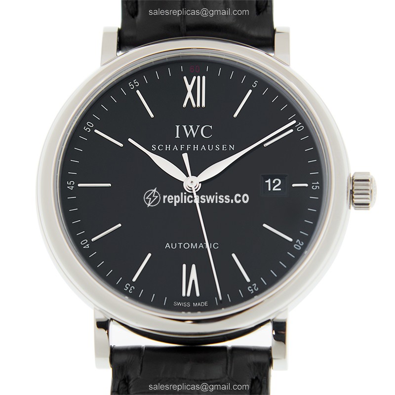 IWC Portofino IW356502 Replica | Automatic Movement, Black Dial & Alligator Strap Watch