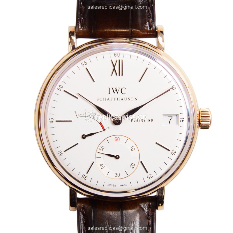 IWC Portofino IW510107 Manual Wind Replica, 18kt Gold Case, White Dial & Brown Alligator Strap Watch