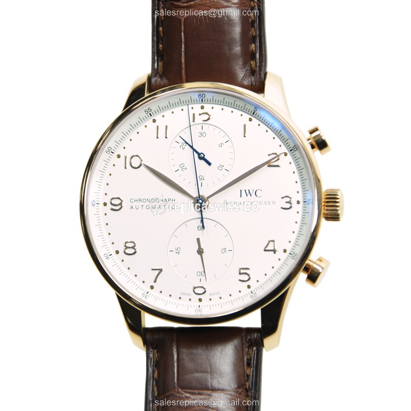 IWC Portuguese IW371480 Automatic Replica in 18kt Gold, White Dial, Alligator Brown strap Watch