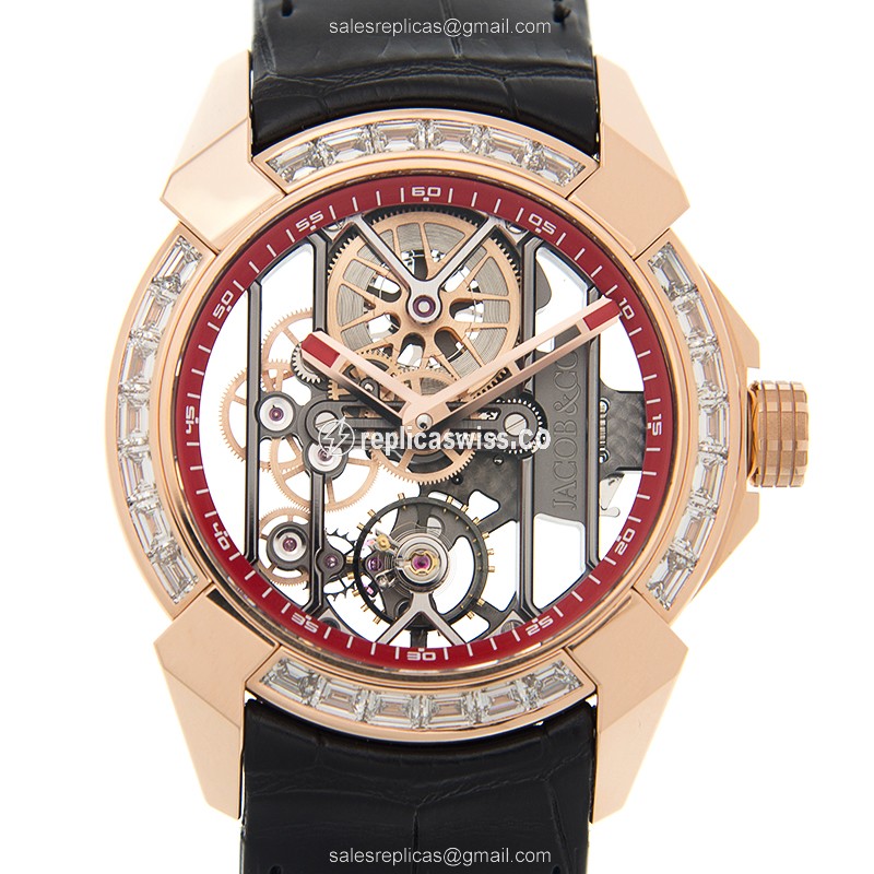 Jacob & Co. EX100.40.LD.OP.A Watch Replica: Automatic Skull Dial, 18kt Rose Gold Case, Black