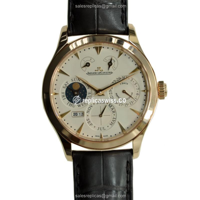 Jaeger-Lecoultre Master Ultra Thin Replica in 18kt Gold, Beige Dial & Brown Alligator Strap Watch