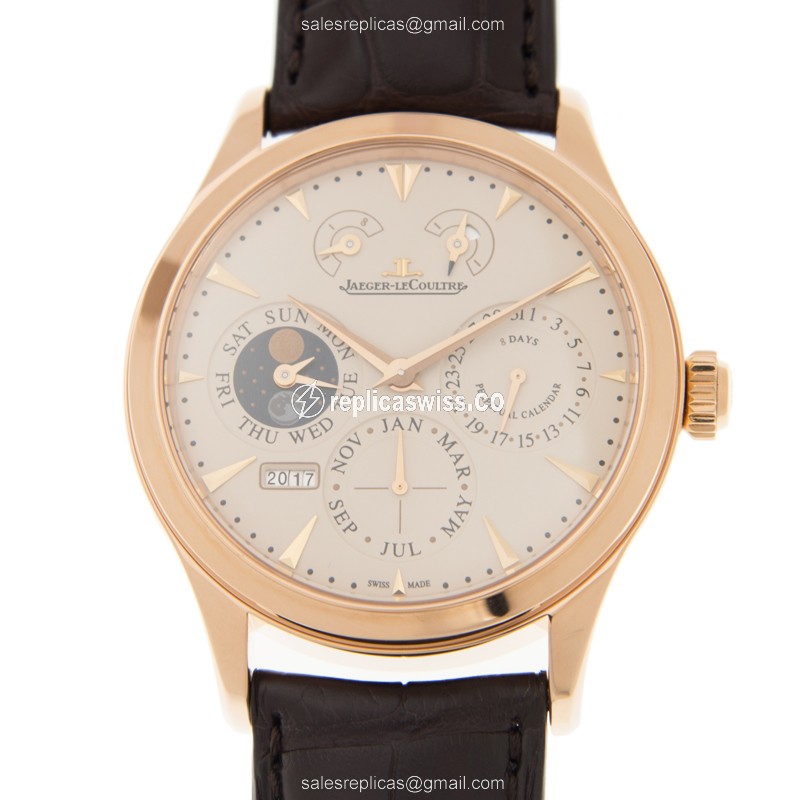 Jaeger-Lecoultre Master Ultra Thin Replica in 18kt Gold, Beige Dial & Brown Alligator Strap Watch