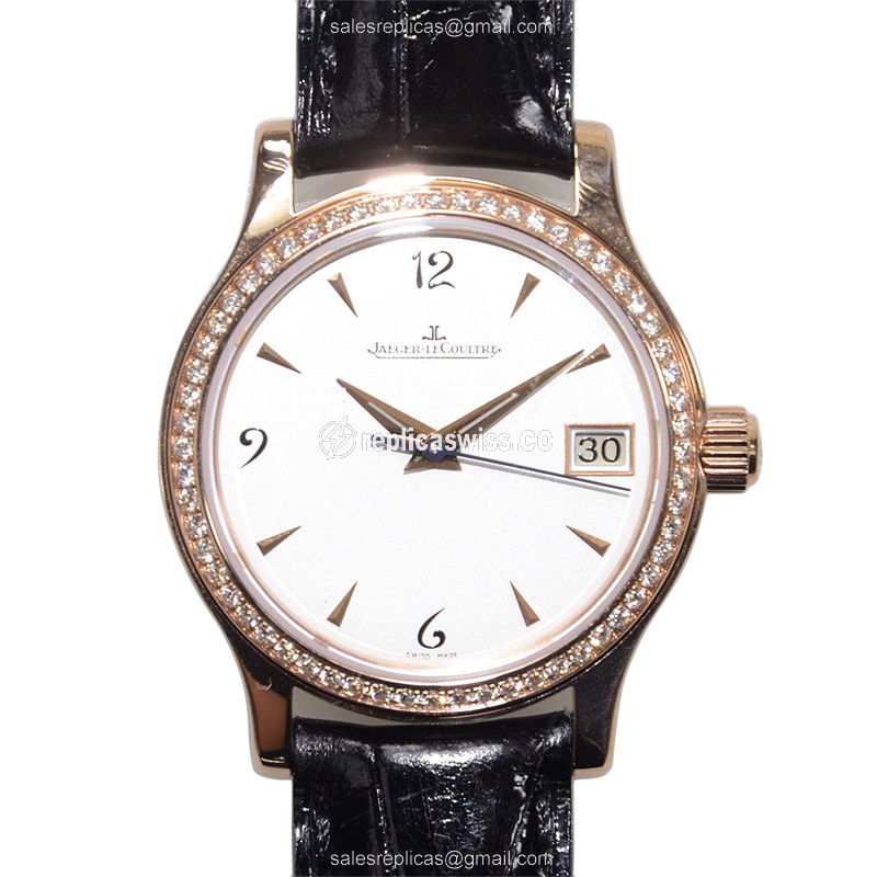 Jaeger-Lecoultre Master Ultra Thin Replica in 18kt Rose Gold, Automatic Movement, White Dial, Black