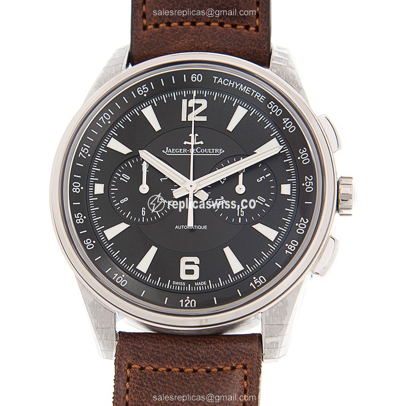 Jaeger-Lecoultre Polaris Date Replica | Automatic Movement | Black Dial & Brown Leather Strap Watch
