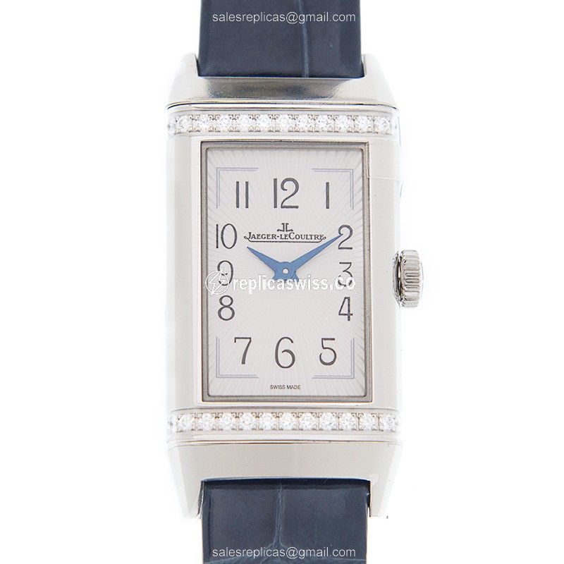 Jaeger-Lecoultre Q3288420 Reverso Quartz Diamond-Crested Case, White Dial, Alligator Blue Strap